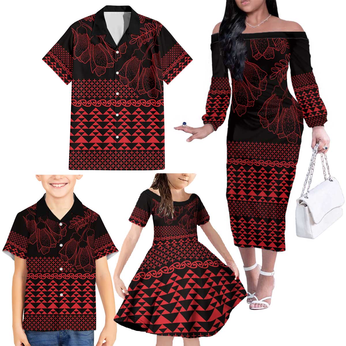 Red Taniko Kowhaiwhai Tukutuku Motif Family Matching Off The Shoulder Long Sleeve Dress and Hawaiian Shirt