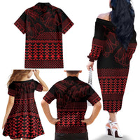 Red Taniko Kowhaiwhai Tukutuku Motif Family Matching Off The Shoulder Long Sleeve Dress and Hawaiian Shirt