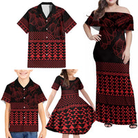 Red Taniko Kowhaiwhai Tukutuku Motif Family Matching Off Shoulder Maxi Dress and Hawaiian Shirt