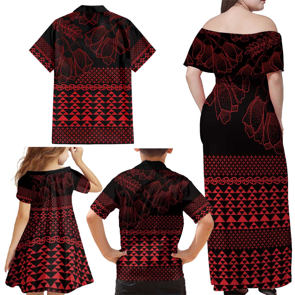 Red Taniko Kowhaiwhai Tukutuku Motif Family Matching Off Shoulder Maxi Dress and Hawaiian Shirt