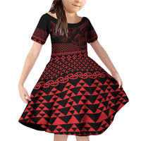 Red Taniko Kowhaiwhai Tukutuku Motif Family Matching Off Shoulder Short Dress and Hawaiian Shirt