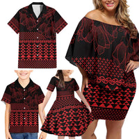 Red Taniko Kowhaiwhai Tukutuku Motif Family Matching Off Shoulder Short Dress and Hawaiian Shirt