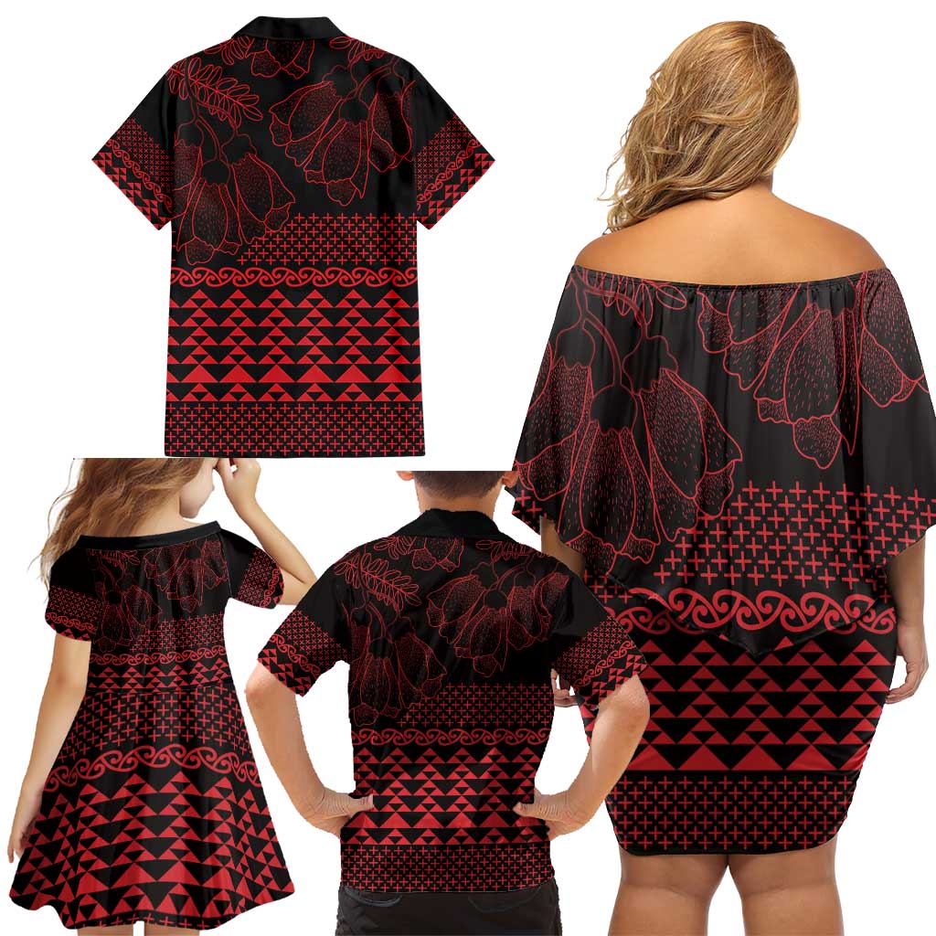 Red Taniko Kowhaiwhai Tukutuku Motif Family Matching Off Shoulder Short Dress and Hawaiian Shirt