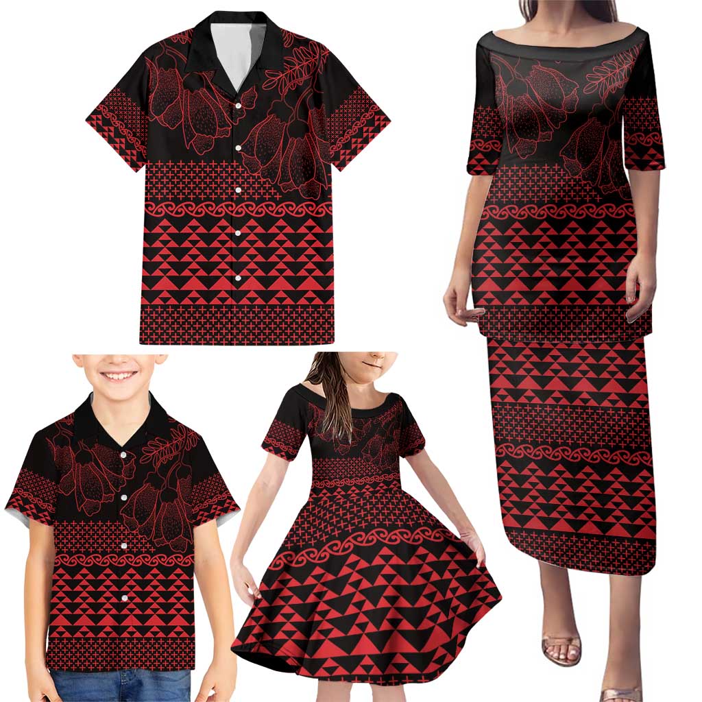 Red Taniko Kowhaiwhai Tukutuku Motif Family Matching Puletasi and Hawaiian Shirt