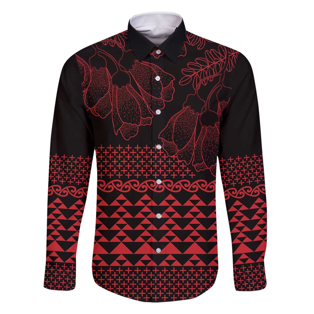 Red Taniko Kowhaiwhai Tukutuku Motif Family Matching Short Sleeve Bodycon Dress and Hawaiian Shirt LT9 Dad's Shirt - Long Sleeve Red - Polynesian Pride