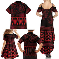 Red Taniko Kowhaiwhai Tukutuku Motif Family Matching Summer Maxi Dress and Hawaiian Shirt