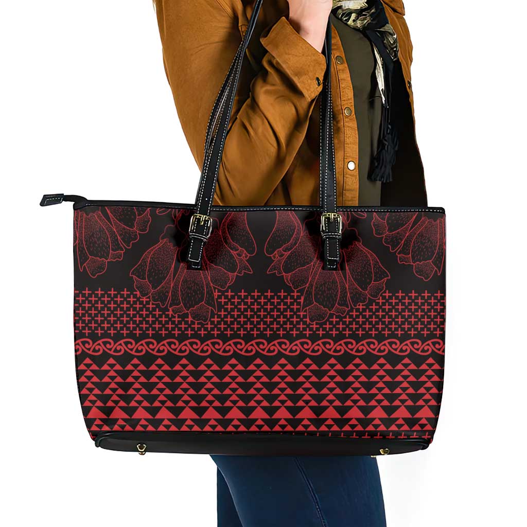 Red Taniko Kowhaiwhai Tukutuku Motif Leather Tote Bag