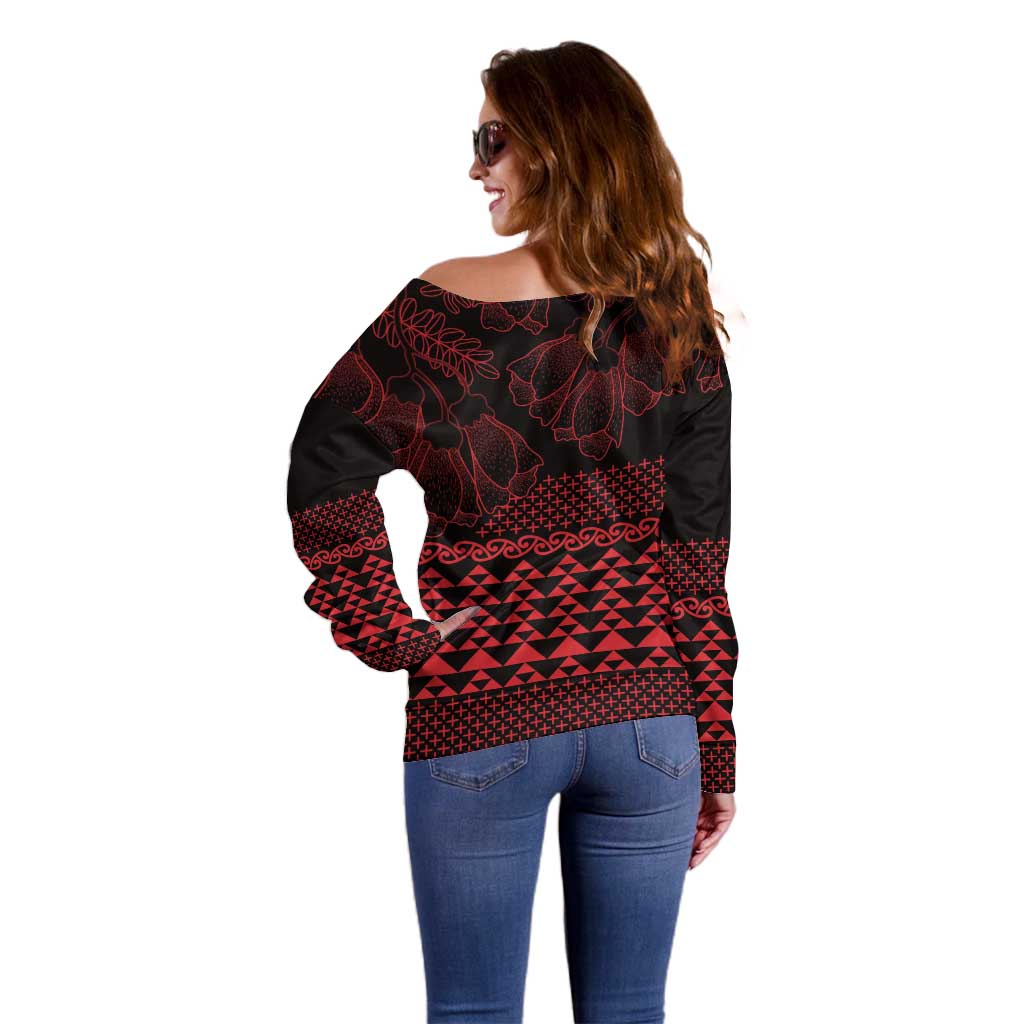 Red Taniko Kowhaiwhai Tukutuku Motif Off Shoulder Sweater