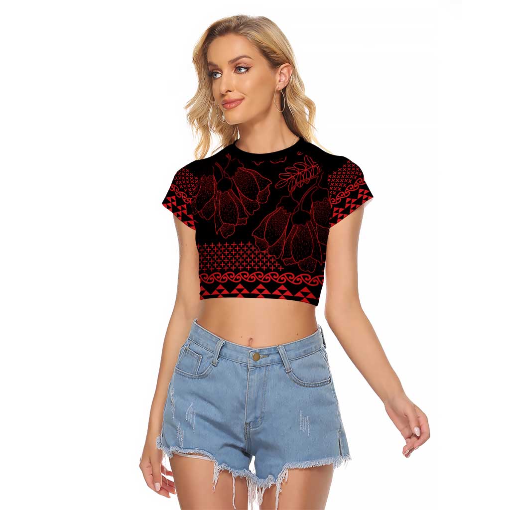 Red Taniko Kowhaiwhai Tukutuku Motif Raglan Cropped T Shirt