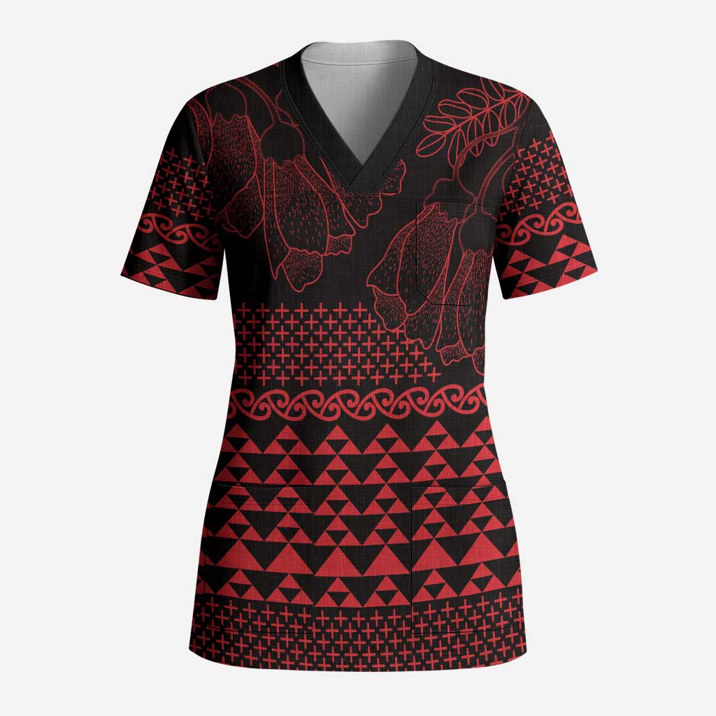 Red Taniko Kowhaiwhai Tukutuku Motif Scrub Top LT9 Adult Red - Polynesian Pride