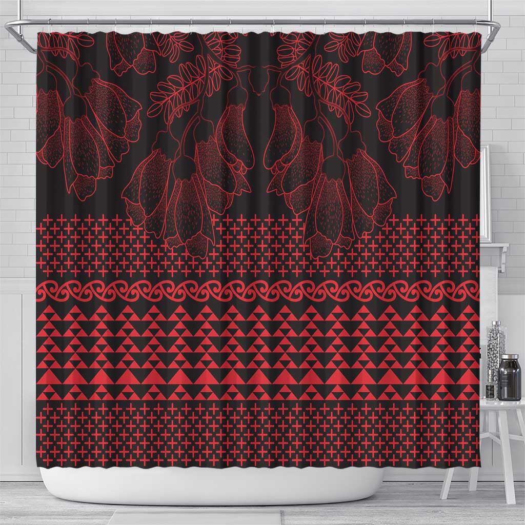 Red Taniko Kowhaiwhai Tukutuku Motif Shower Curtain