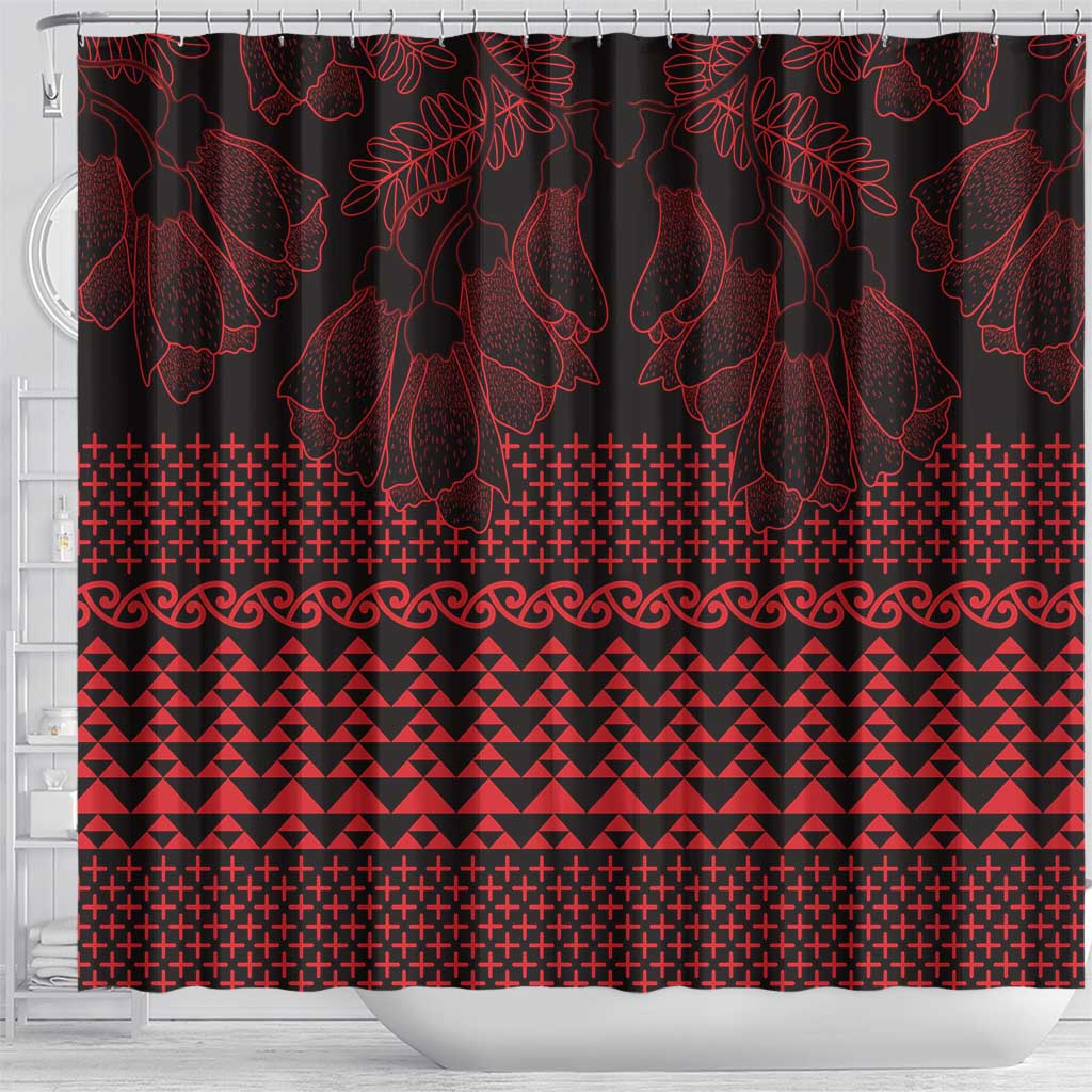 Red Taniko Kowhaiwhai Tukutuku Motif Shower Curtain