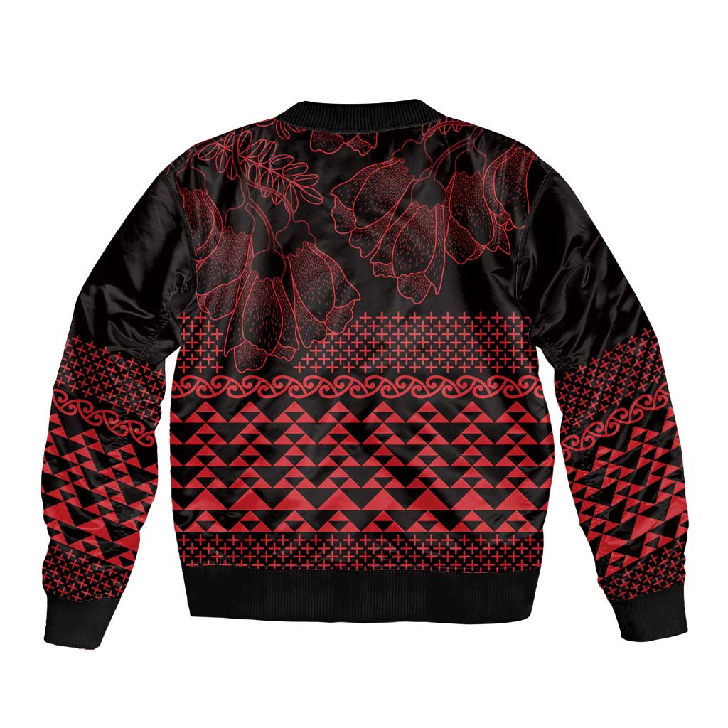 Red Taniko Kowhaiwhai Tukutuku Motif Sleeve Zip Bomber Jacket LT9 - Polynesian Pride