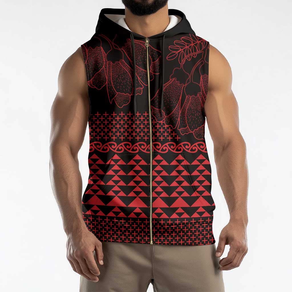 Red Taniko Kowhaiwhai Tukutuku Motif Sleeveless Zip Hoodie - Polynesian Pride