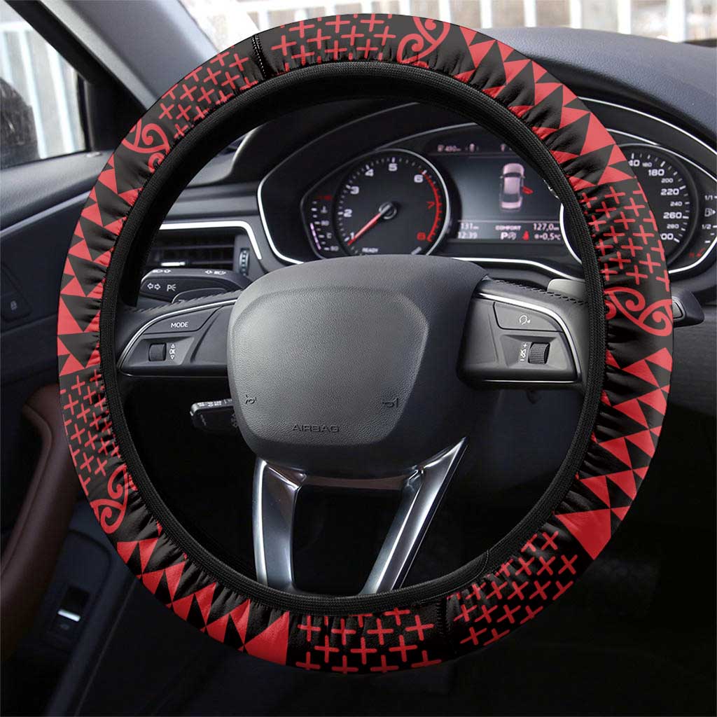 Red Taniko Kowhaiwhai Tukutuku Motif Steering Wheel Cover LT9 - Polynesian Pride