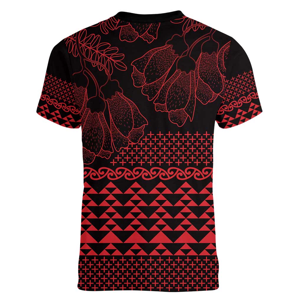 Red Taniko Kowhaiwhai Tukutuku Motif Women V-Neck T-Shirt