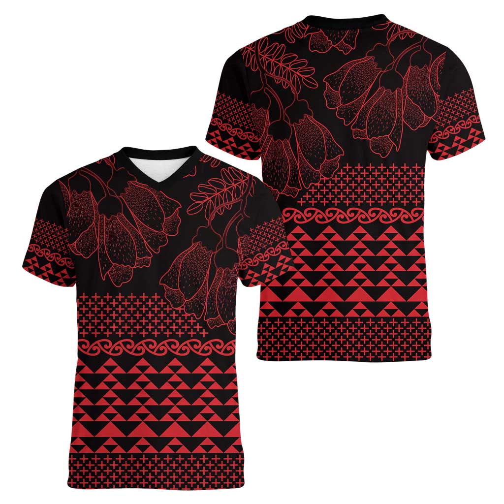 Red Taniko Kowhaiwhai Tukutuku Motif Women V-Neck T-Shirt