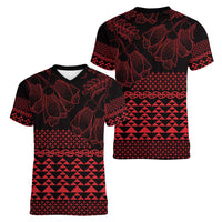 Red Taniko Kowhaiwhai Tukutuku Motif Women V-Neck T-Shirt