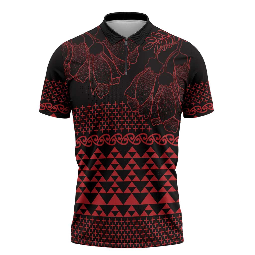 Red Taniko Kowhaiwhai Tukutuku Motif Zipper Polo Shirt - Polynesian Pride