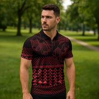 Red Taniko Kowhaiwhai Tukutuku Motif Zipper Polo Shirt - Polynesian Pride