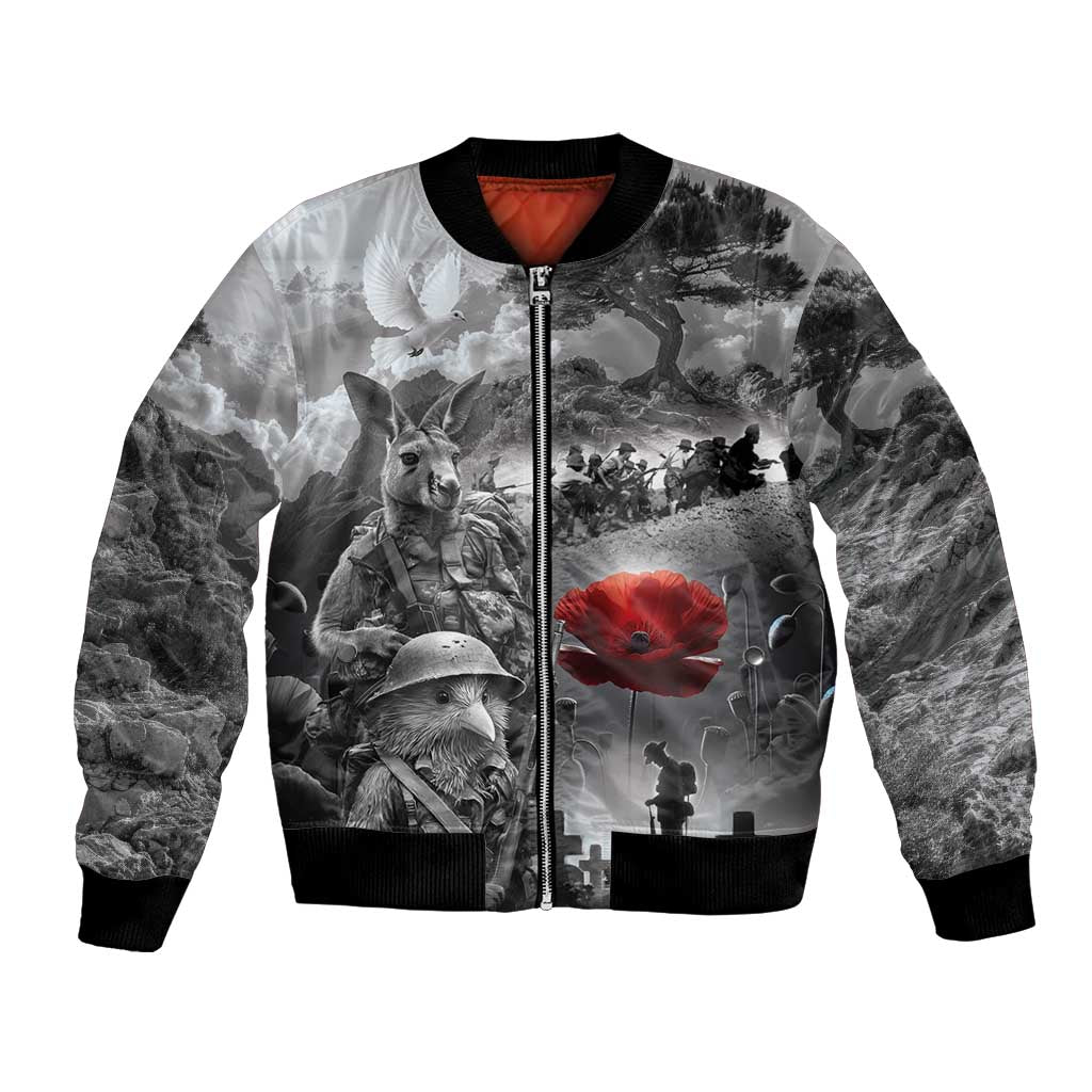 Black ANZAC Day The Battle of Lone Pine Bomber Jacket Kiwi-Kangaroo Soldier Lest We Forget
