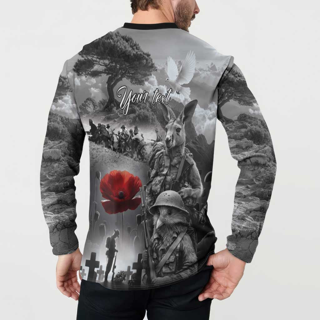 Black ANZAC Day The Battle of Lone Pine Button Sweatshirt Kiwi-Kangaroo Soldier Lest We Forget