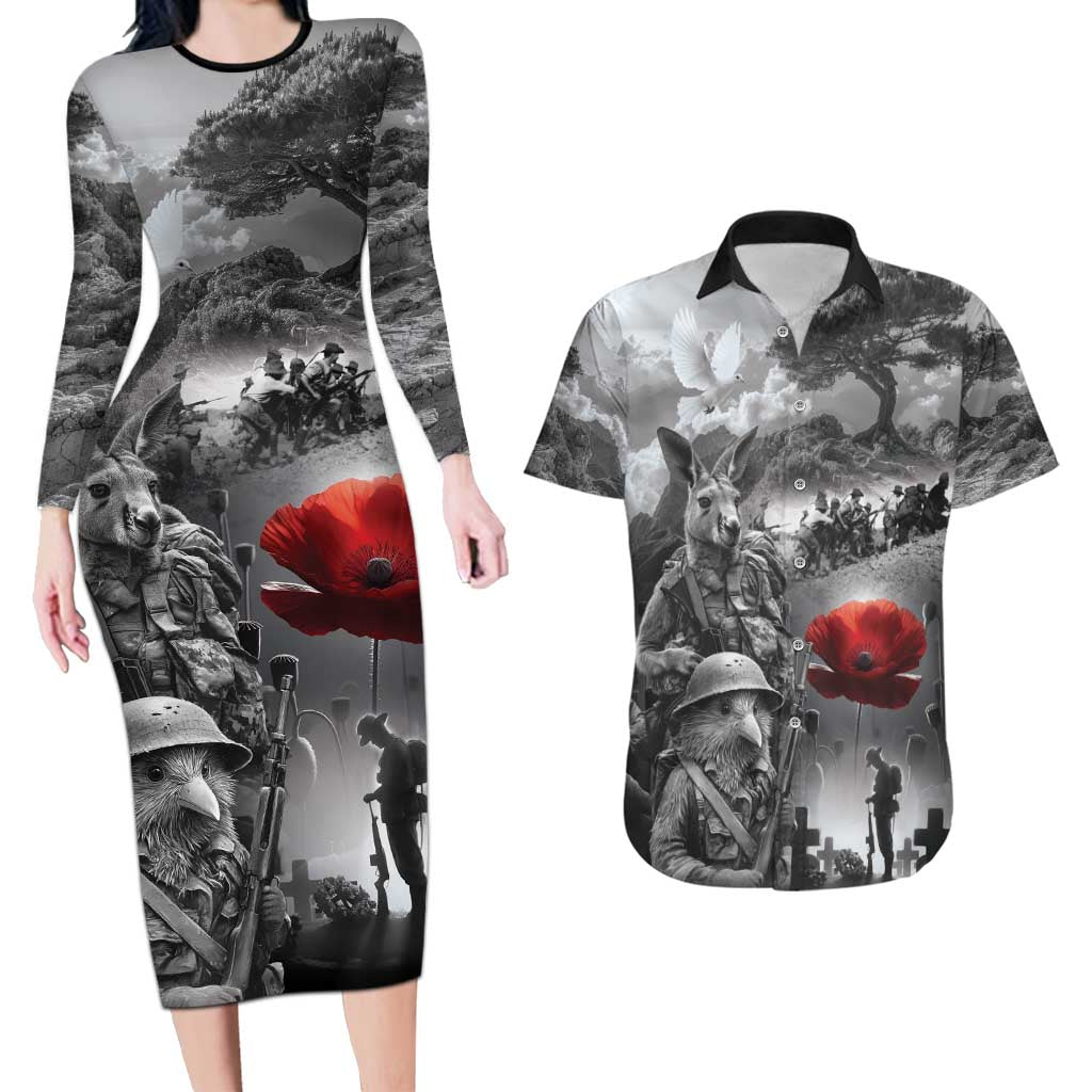 Black ANZAC Day The Battle of Lone Pine Couples Matching Long Sleeve Bodycon Dress and Hawaiian Shirt Kiwi-Kangaroo Soldier Lest We Forget