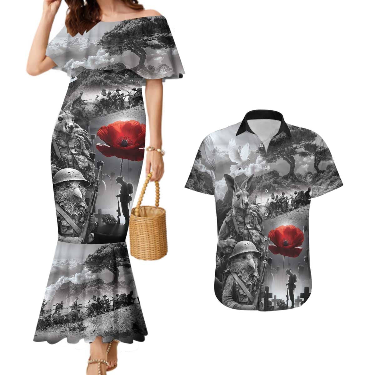 Black ANZAC Day The Battle of Lone Pine Couples Matching Mermaid Dress and Hawaiian Shirt Kiwi-Kangaroo Soldier Lest We Forget