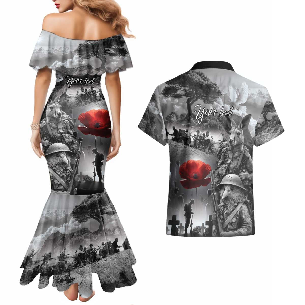 Black ANZAC Day The Battle of Lone Pine Couples Matching Mermaid Dress and Hawaiian Shirt Kiwi-Kangaroo Soldier Lest We Forget