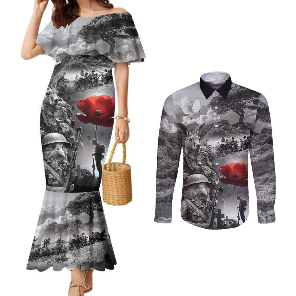 Black ANZAC Day The Battle of Lone Pine Couples Matching Mermaid Dress and Long Sleeve Button Shirt Kiwi-Kangaroo Soldier Lest We Forget