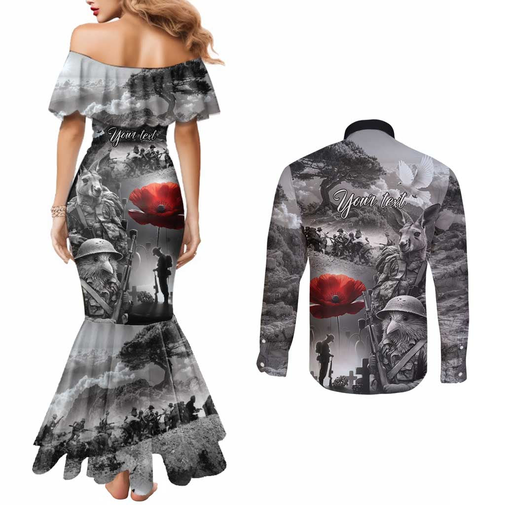 Black ANZAC Day The Battle of Lone Pine Couples Matching Mermaid Dress and Long Sleeve Button Shirt Kiwi-Kangaroo Soldier Lest We Forget