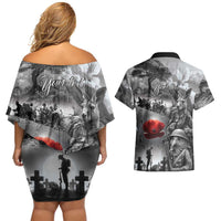 Black ANZAC Day The Battle of Lone Pine Couples Matching Off Shoulder Short Dress and Hawaiian Shirt Kiwi-Kangaroo Soldier Lest We Forget