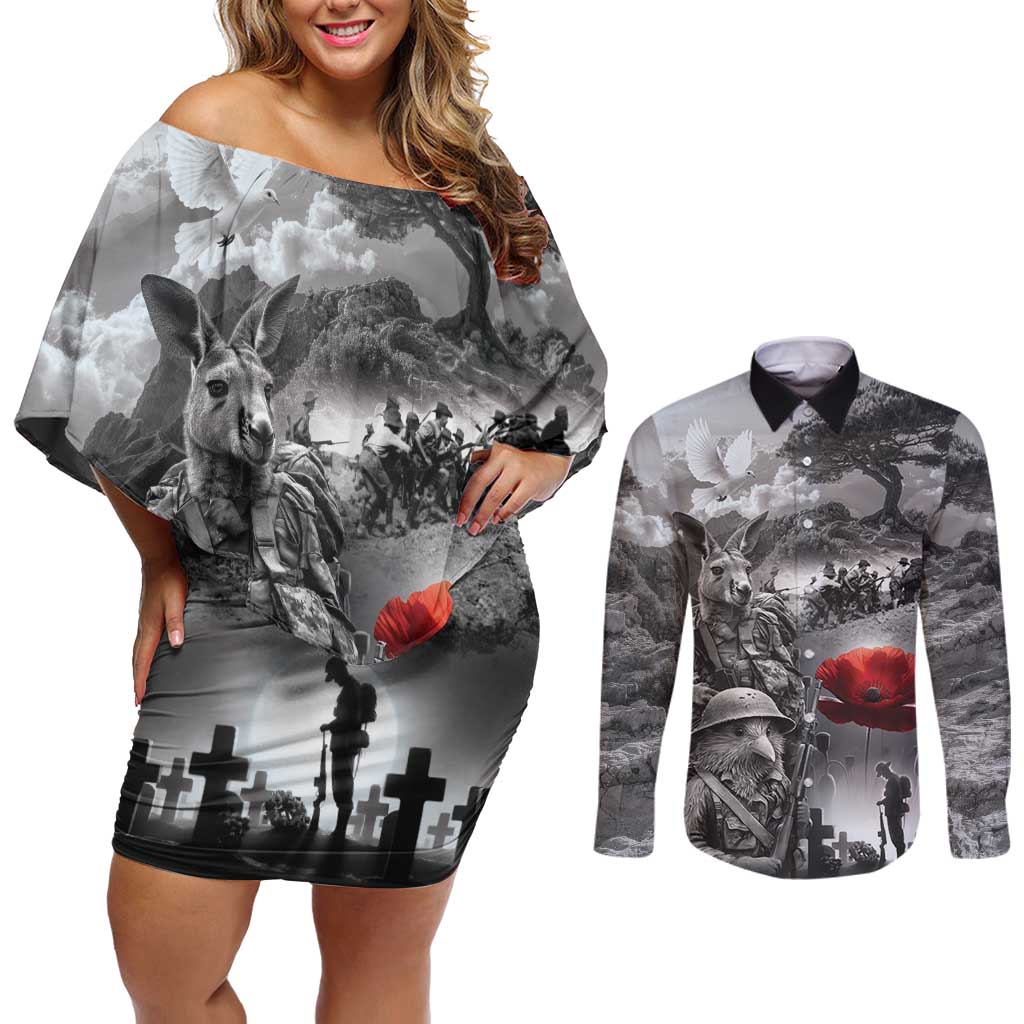 Black ANZAC Day The Battle of Lone Pine Couples Matching Off Shoulder Short Dress and Long Sleeve Button Shirt Kiwi-Kangaroo Soldier Lest We Forget