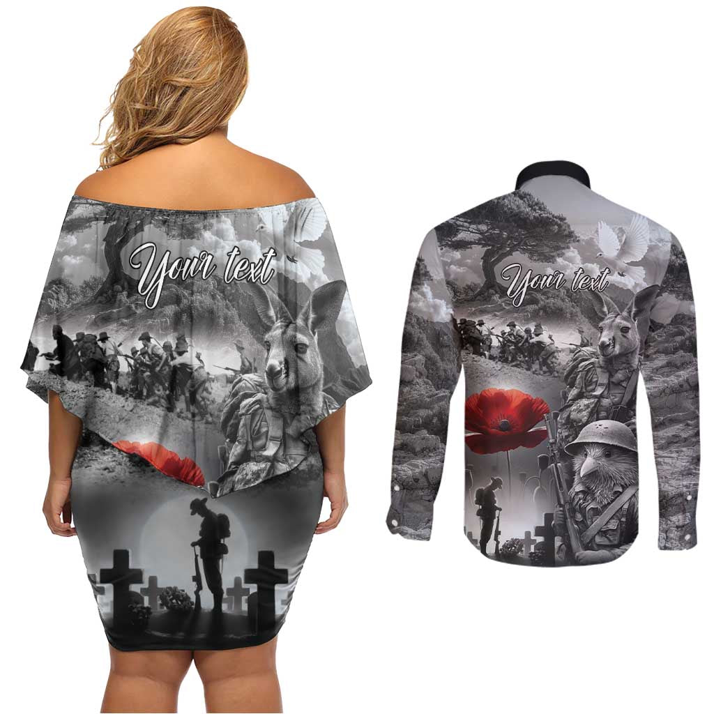 Black ANZAC Day The Battle of Lone Pine Couples Matching Off Shoulder Short Dress and Long Sleeve Button Shirt Kiwi-Kangaroo Soldier Lest We Forget