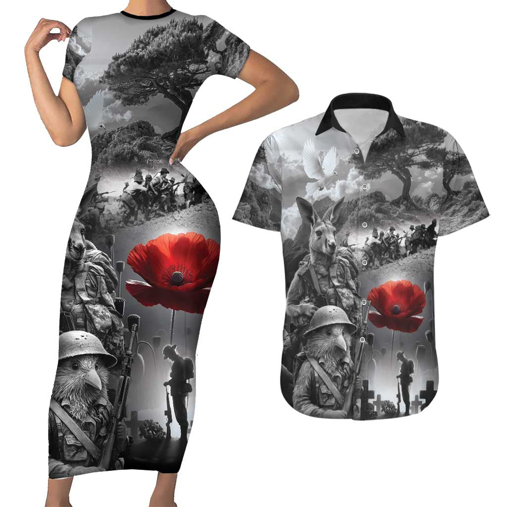 Black ANZAC Day The Battle of Lone Pine Couples Matching Short Sleeve Bodycon Dress and Hawaiian Shirt Kiwi-Kangaroo Soldier Lest We Forget