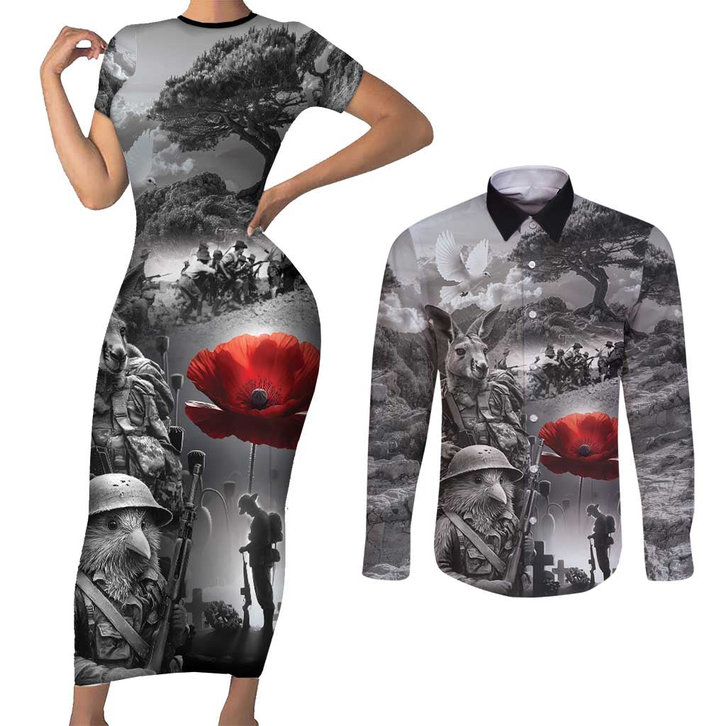 Black ANZAC Day The Battle of Lone Pine Couples Matching Short Sleeve Bodycon Dress and Long Sleeve Button Shirt Kiwi-Kangaroo Soldier Lest We Forget