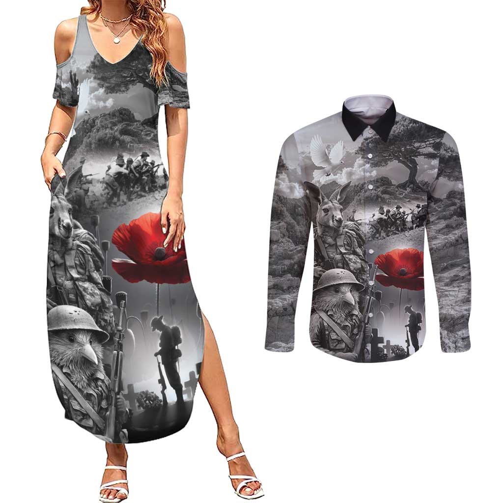 Black ANZAC Day The Battle of Lone Pine Couples Matching Summer Maxi Dress and Long Sleeve Button Shirt Kiwi-Kangaroo Soldier Lest We Forget