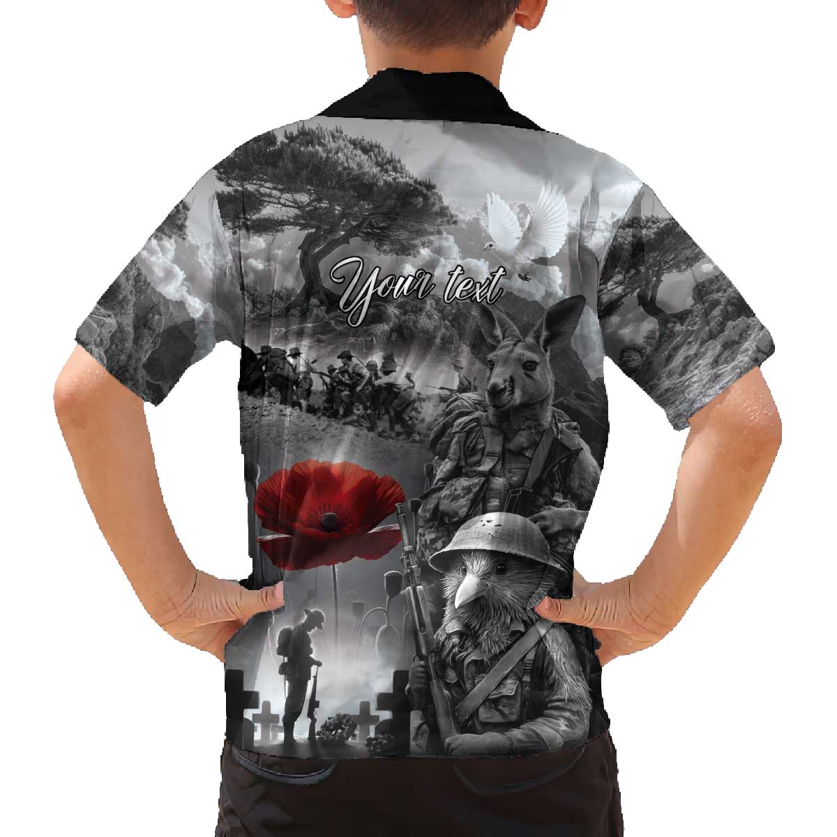 Black ANZAC Day The Battle of Lone Pine Family Matching Off The Shoulder Long Sleeve Dress and Hawaiian Shirt Kiwi-Kangaroo Soldier Lest We Forget