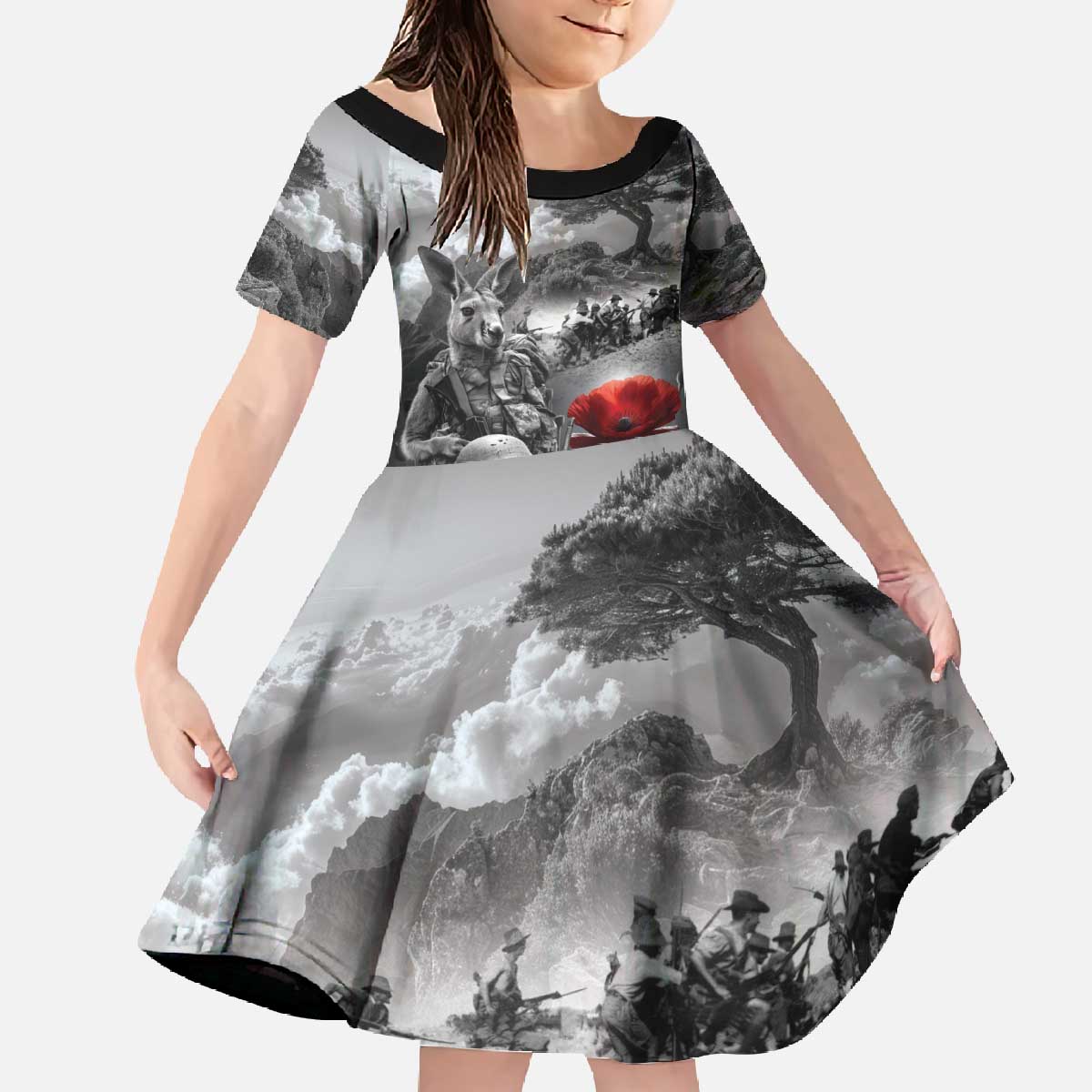 Black ANZAC Day The Battle of Lone Pine Family Matching Off The Shoulder Long Sleeve Dress and Hawaiian Shirt Kiwi-Kangaroo Soldier Lest We Forget