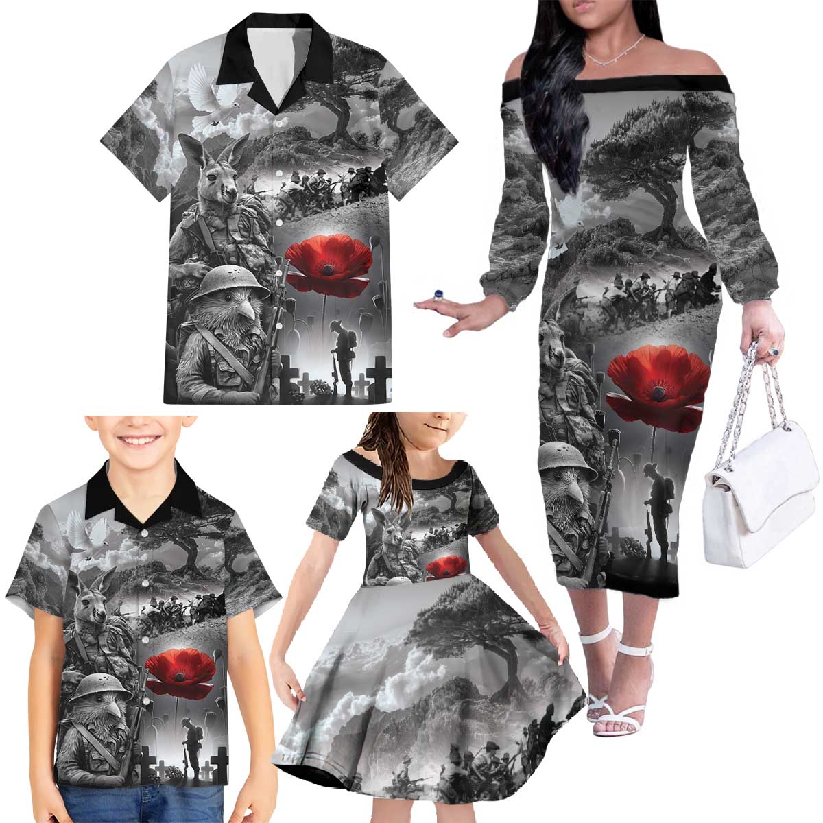 Black ANZAC Day The Battle of Lone Pine Family Matching Off The Shoulder Long Sleeve Dress and Hawaiian Shirt Kiwi-Kangaroo Soldier Lest We Forget