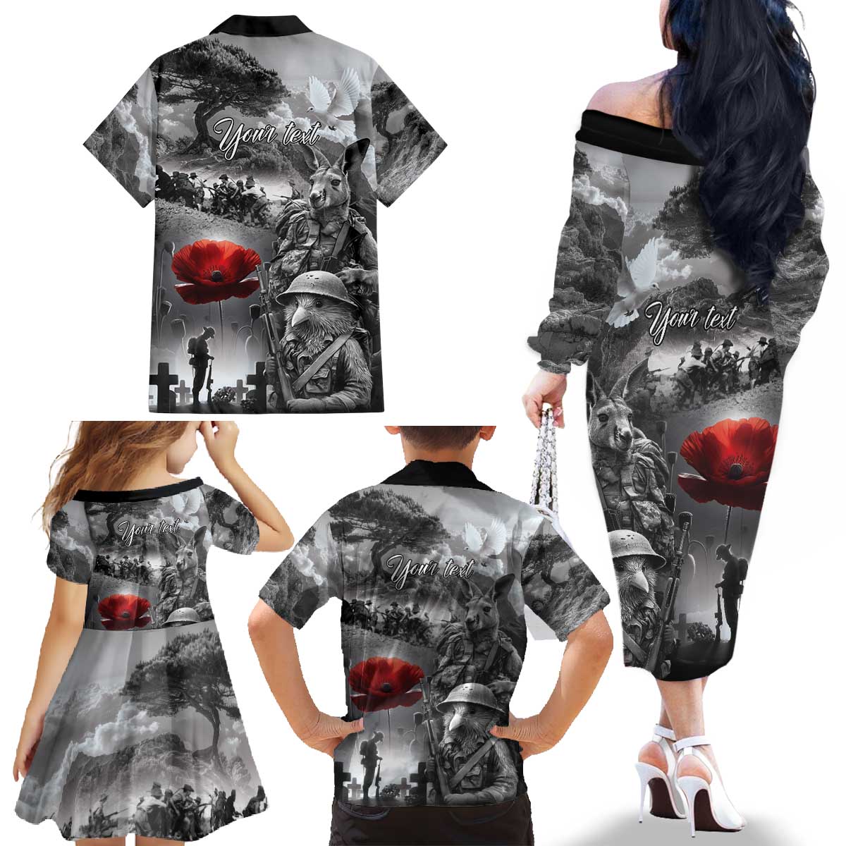 Black ANZAC Day The Battle of Lone Pine Family Matching Off The Shoulder Long Sleeve Dress and Hawaiian Shirt Kiwi-Kangaroo Soldier Lest We Forget