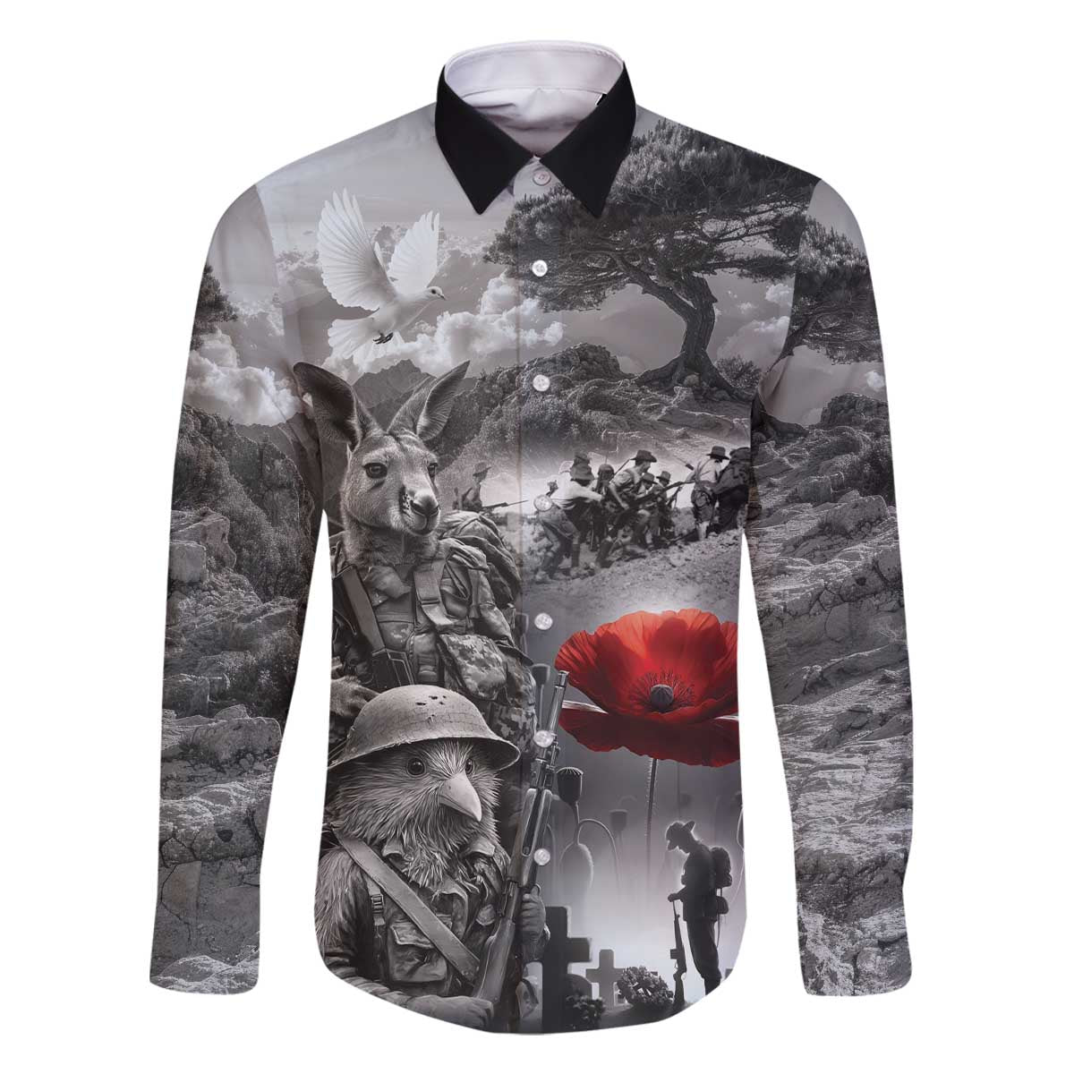 Black ANZAC Day The Battle of Lone Pine Family Matching Off The Shoulder Long Sleeve Dress and Hawaiian Shirt Kiwi-Kangaroo Soldier Lest We Forget