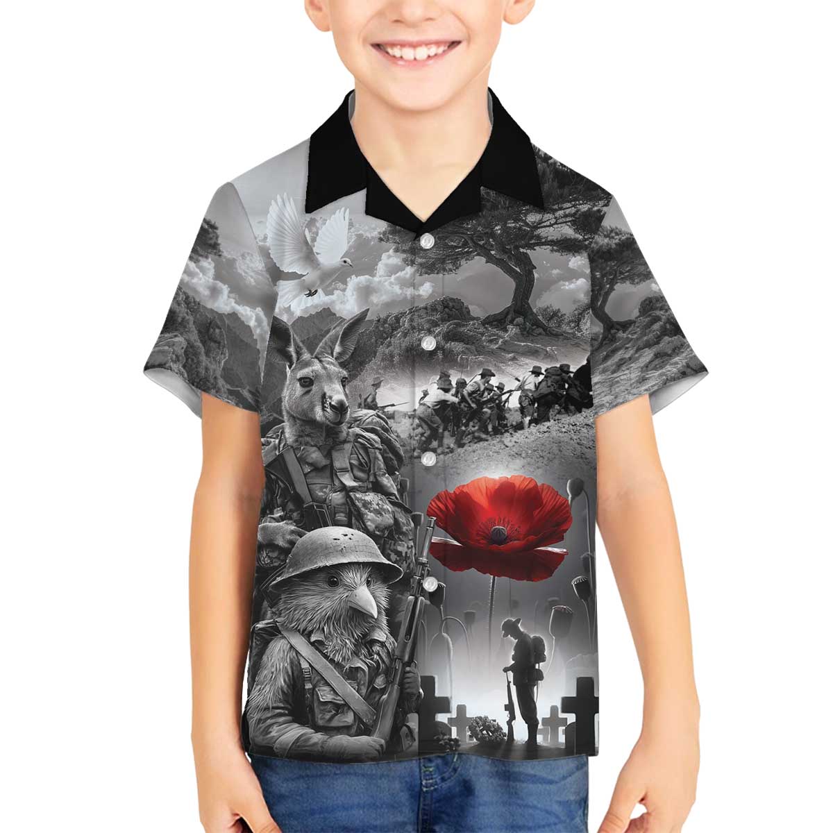 Black ANZAC Day The Battle of Lone Pine Family Matching Off The Shoulder Long Sleeve Dress and Hawaiian Shirt Kiwi-Kangaroo Soldier Lest We Forget