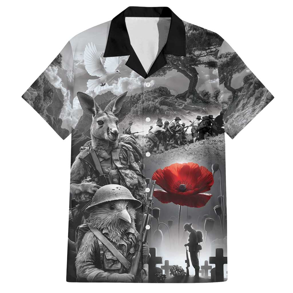Black ANZAC Day The Battle of Lone Pine Family Matching Off Shoulder Maxi Dress and Hawaiian Shirt Kiwi-Kangaroo Soldier Lest We Forget LT9 Dad's Shirt - Short Sleeve Black - Polynesian Pride