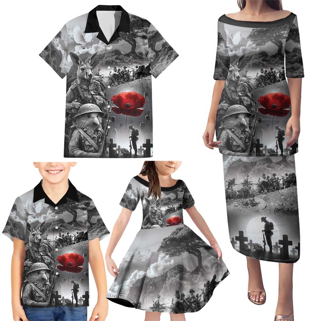 Black ANZAC Day The Battle of Lone Pine Family Matching Puletasi and Hawaiian Shirt Kiwi-Kangaroo Soldier Lest We Forget