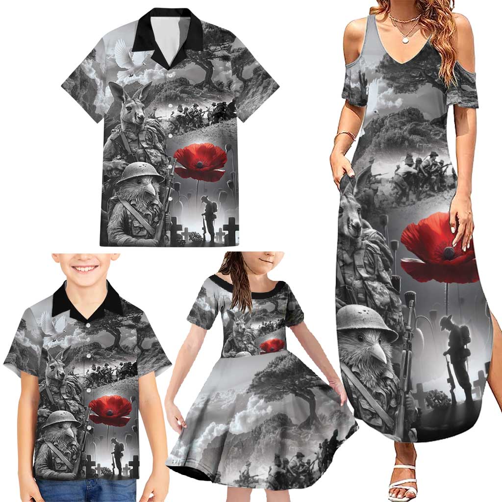 Black ANZAC Day The Battle of Lone Pine Family Matching Summer Maxi Dress and Hawaiian Shirt Kiwi-Kangaroo Soldier Lest We Forget