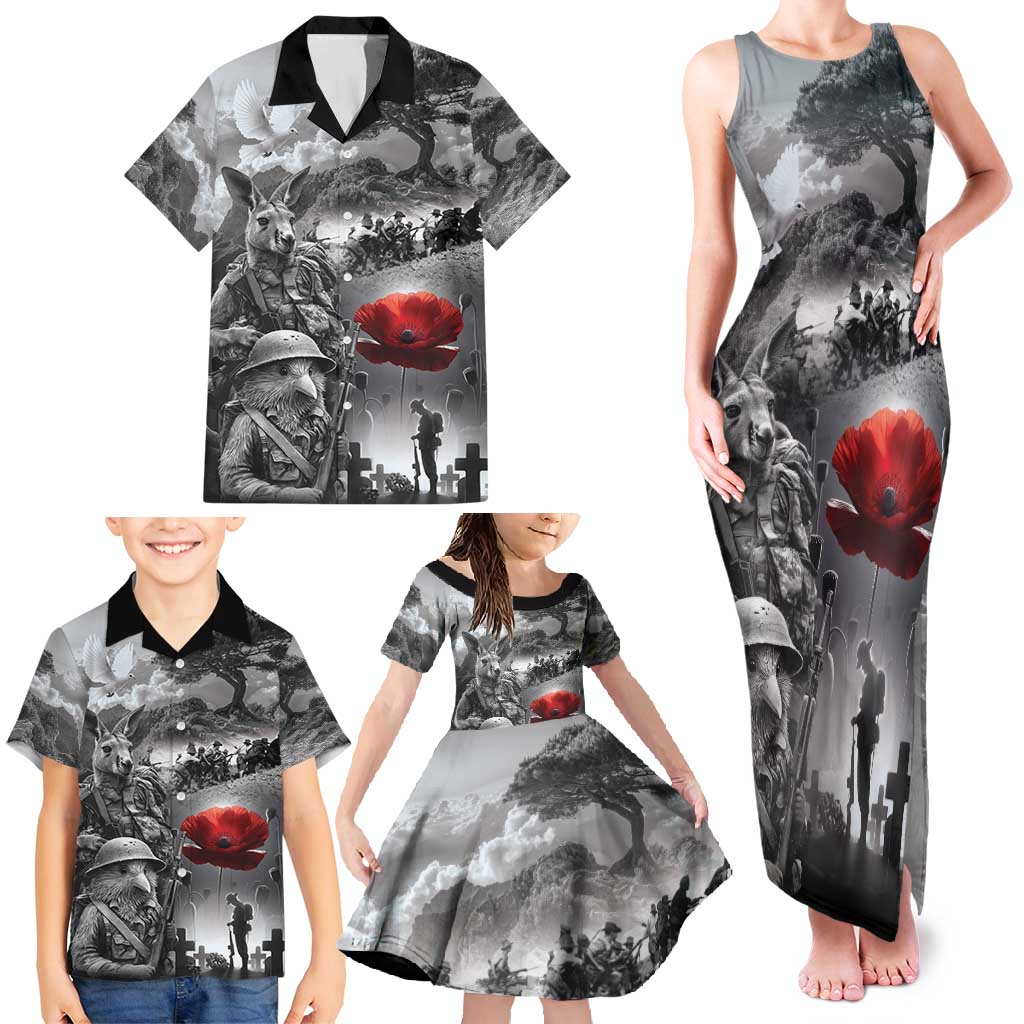 Black ANZAC Day The Battle of Lone Pine Family Matching Tank Maxi Dress and Hawaiian Shirt Kiwi-Kangaroo Soldier Lest We Forget