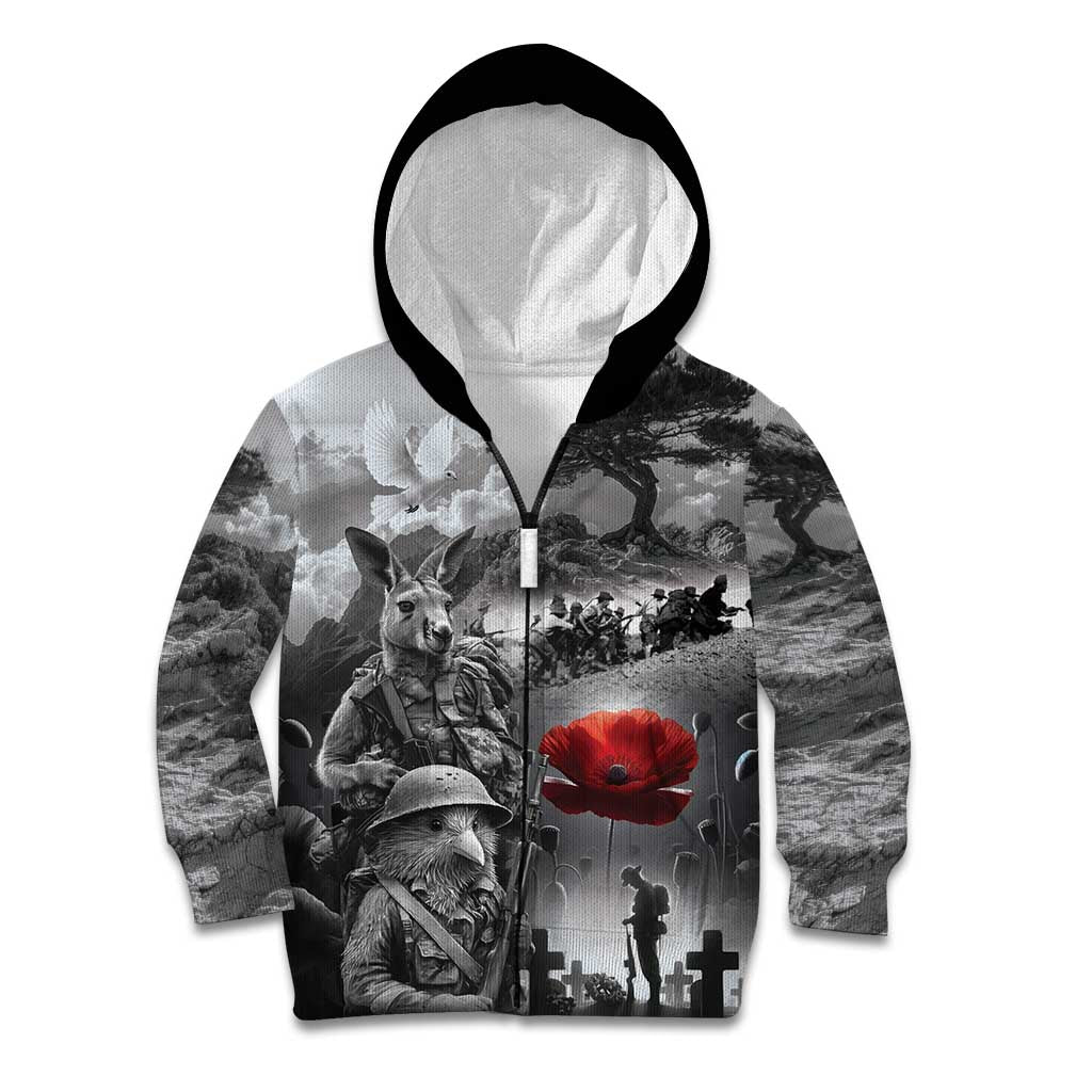 Black ANZAC Day The Battle of Lone Pine Kid Hoodie Kiwi-Kangaroo Soldier Lest We Forget