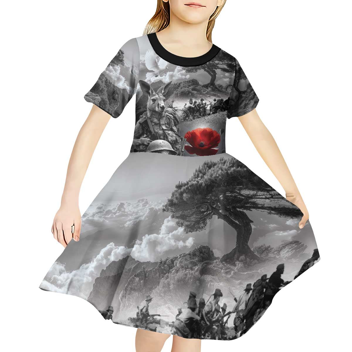 Black ANZAC Day The Battle of Lone Pine Kid Short Sleeve Dress Kiwi-Kangaroo Soldier Lest We Forget