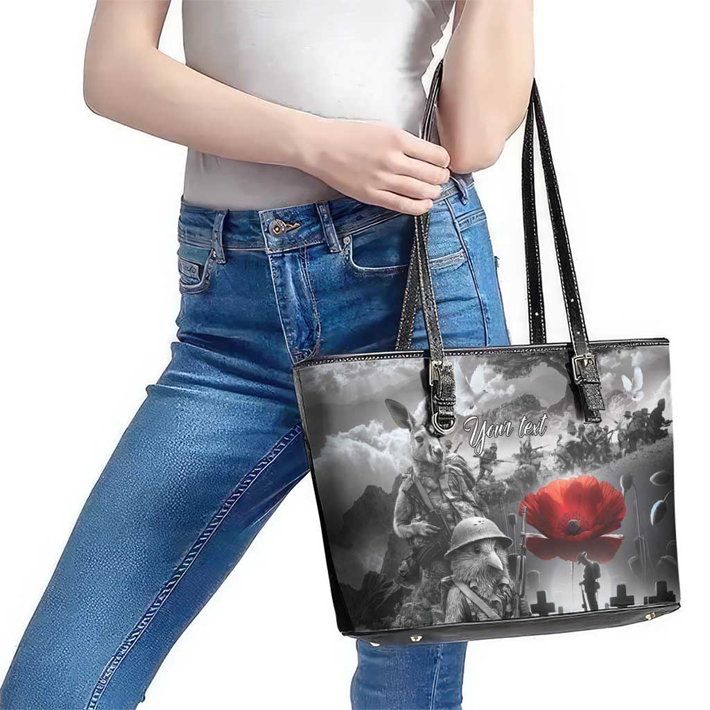 Black ANZAC Day The Battle of Lone Pine Leather Tote Bag Kiwi-Kangaroo Soldier Lest We Forget LT9 - Polynesian Pride